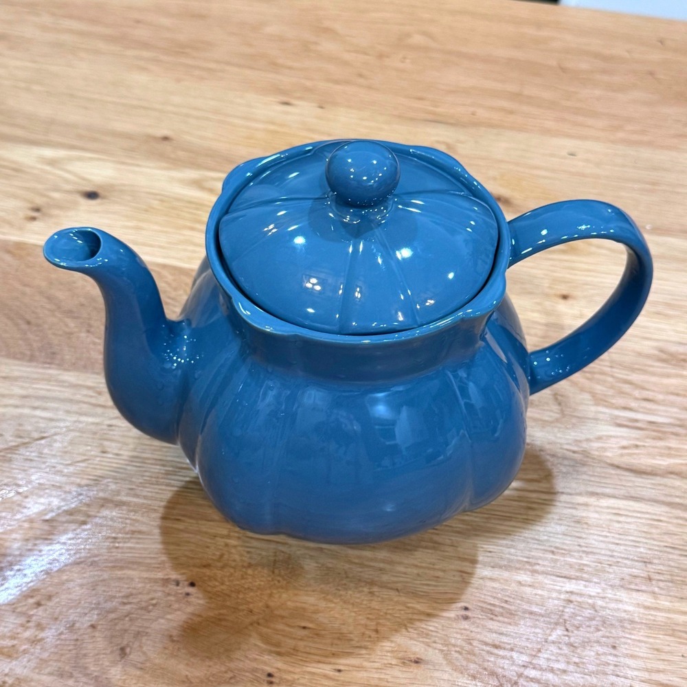 Blue Ceramic Pumpkin Shaped Teapot with Scalloped Lid Made in Korea Cottagecore